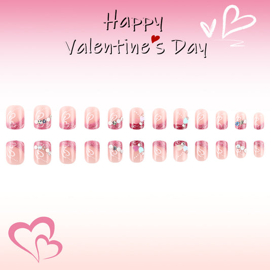 Sweetheart Bliss Medium Square Pink with Glitter and Heart Accents Press on Nail Set