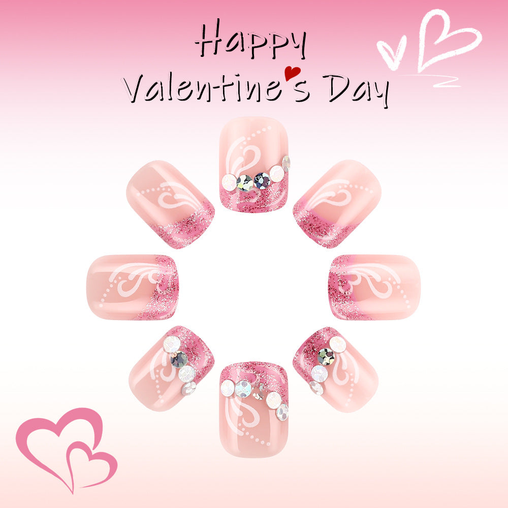 Romantic Romance Medium Square Pink with Glitter and Gem Accents Press On Nail Set