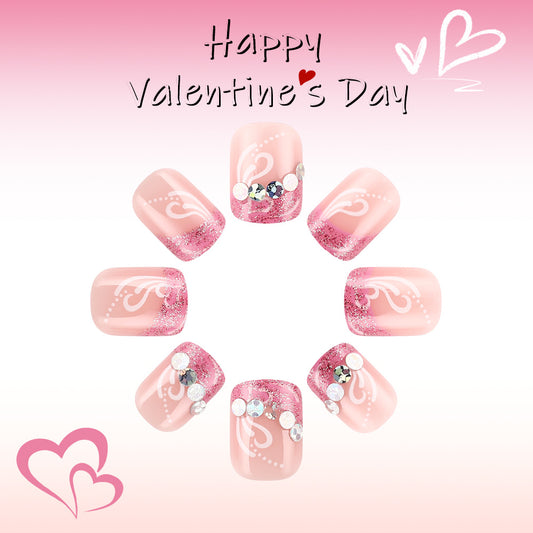 Romantic Romance Medium Square Pink with Glitter and Gem Accents Press On Nail Set