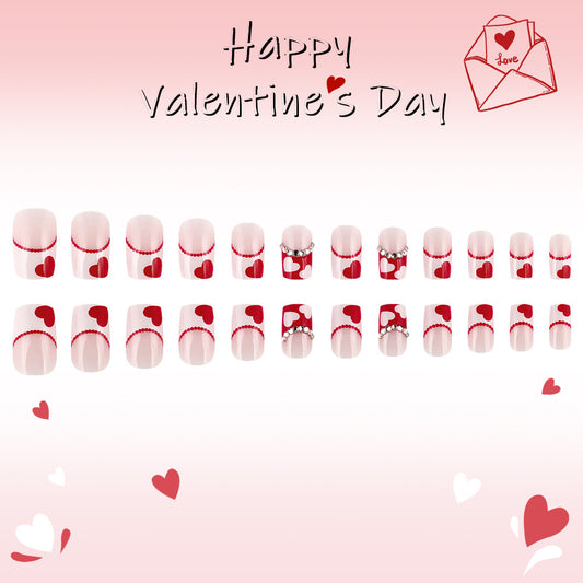 Romantic Hearts Classic Short Square Red and White Press on Nail Set with Charming Love Themes