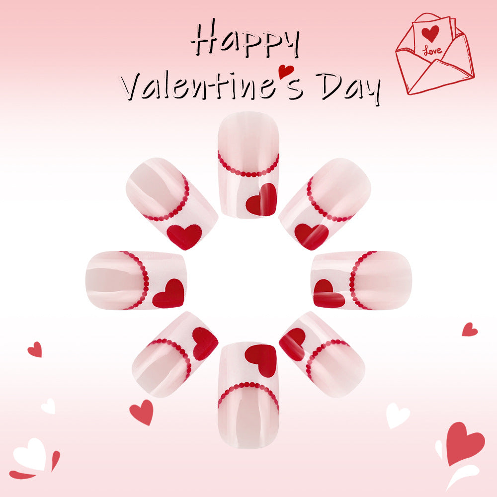 Romantic Hearts Short Press-On Nail Set with Transparent Length Square Shape in Classic Pink Featuring Adorable Heart Designs for a Perfect Valentine's Day Look