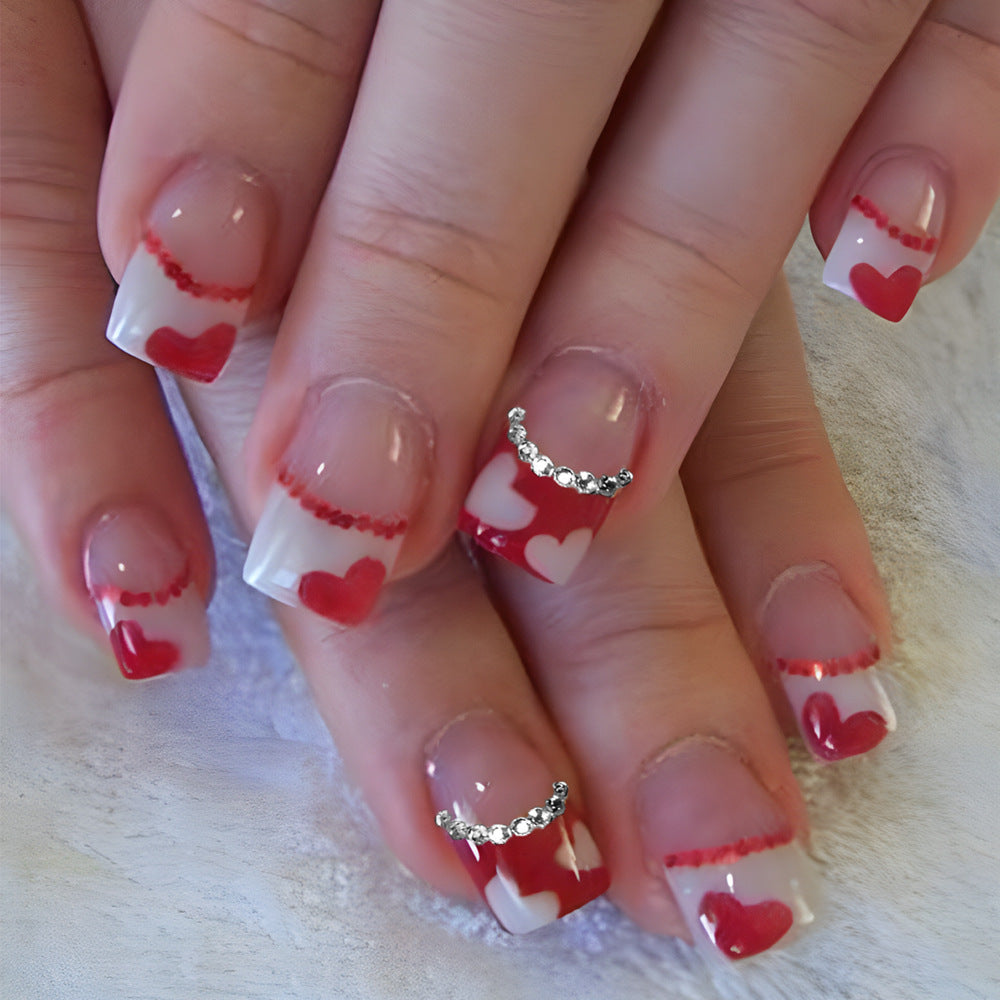 Romantic Hearts Elegant Short Square Red and Clear Press On Nail Set with Dazzling Rhinestone Accents