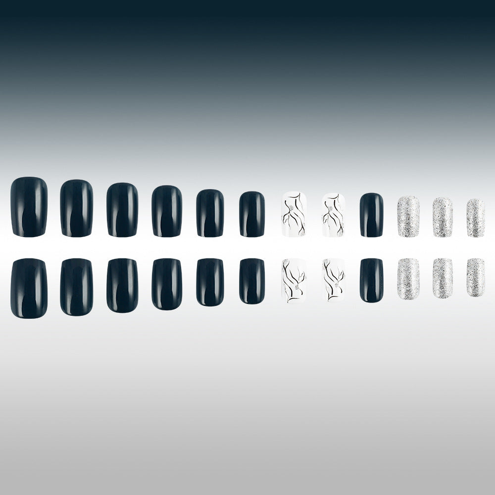 Mystical Elegance Medium Square Midnight Black Nails with Stunning Silver Accents