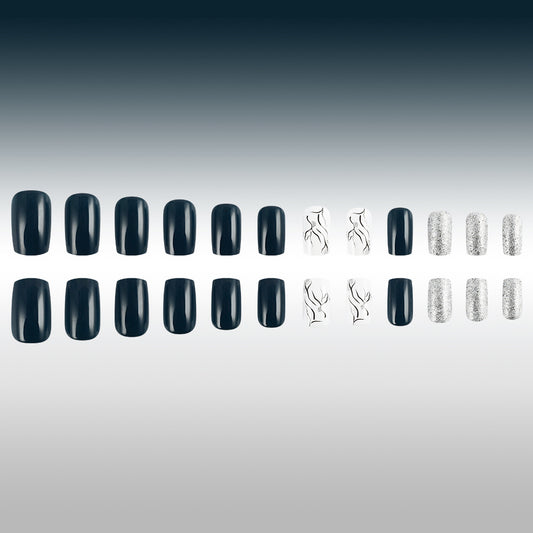 Mystical Elegance Medium Square Midnight Black Nails with Stunning Silver Accents