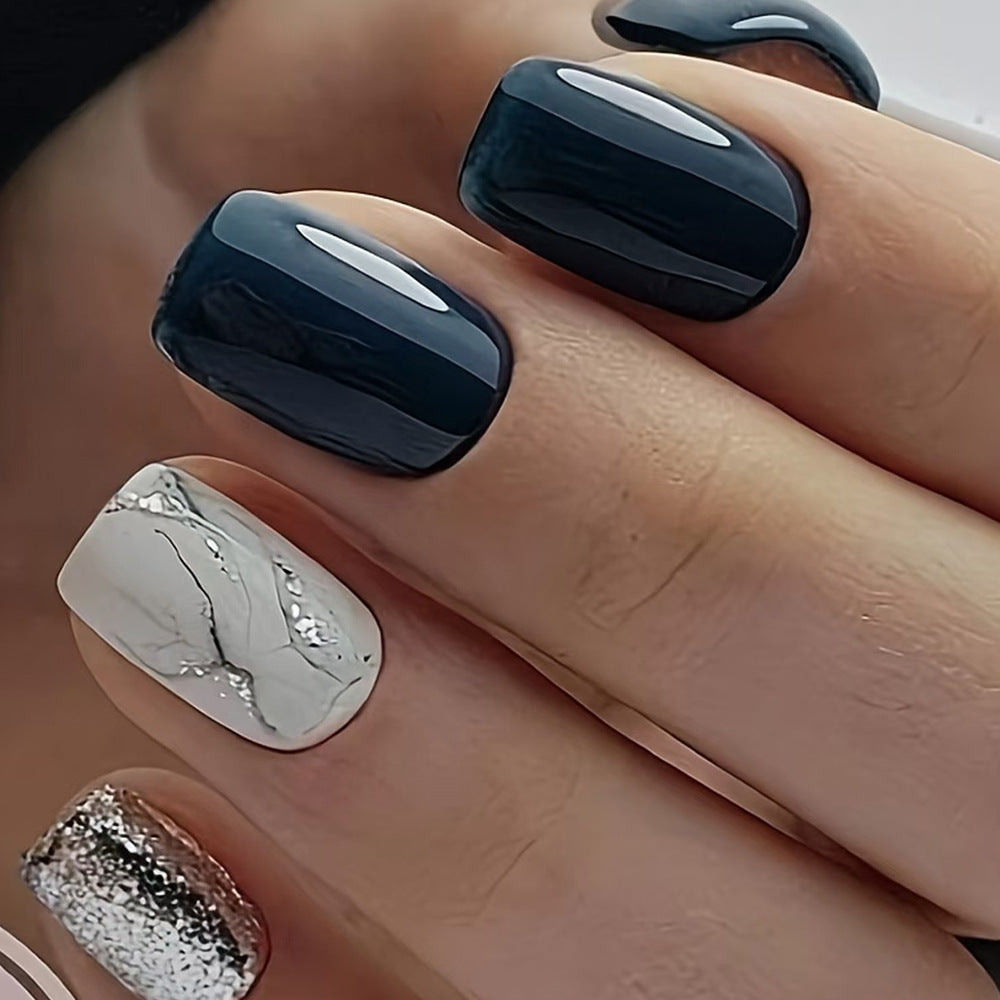 Glamorous Night Inspired Medium Square Dark Blue Marble and Metallic Accent Press On Nail Set