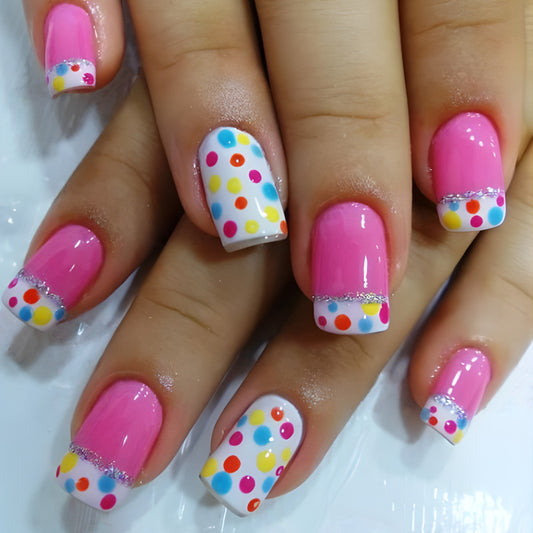 Delightful Celebration Pink Medium Square Press On Nails with Colorful Dot Accents and Sparkling Tips