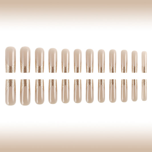Glamorous Elegance Long Square Beige Press On Nail Set with Sparkling Gold Accent