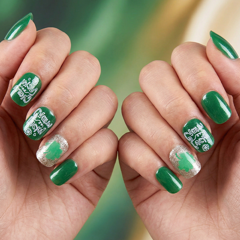 Lucky Charm Emerald Pressed Nail Set with Medium Squoval Shape Sparkling Finish