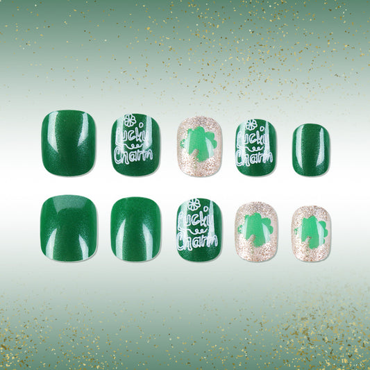 Lucky Charm Enchantment Short Square Green with Sparkling Accents and Unique St. Patrick's Day Designs Press On Nail Set
