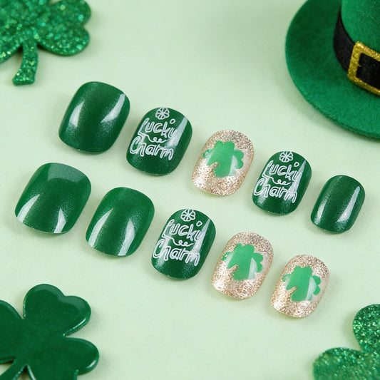 Lucky Charm Emerald Short Square Press-On Nail Set with Glittery Shamrock Accent