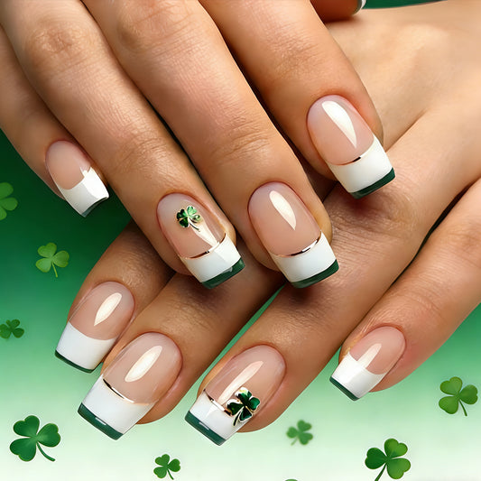 Lucky Charm Emerald Medium Square Press On Nail Set with Glossy Finish and Clover Accent