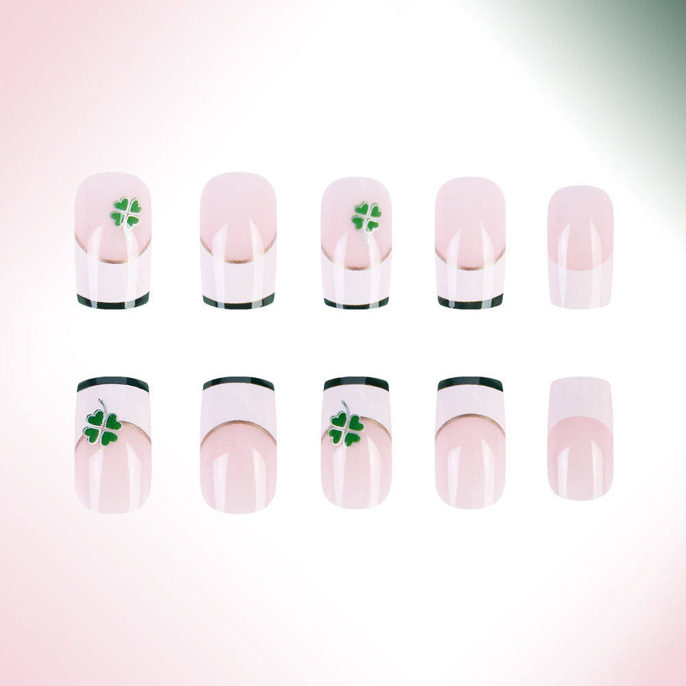 Lucky Charm Pink Medium Square Press On Nail Set with Unique Green Clover Design