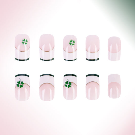 Lucky Charm Pink Medium Square Press On Nail Set with Unique Green Clover Design