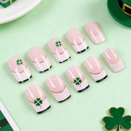 Lucky Charm Medium Square Pink Green Shamrock Accent Press On Nail Set