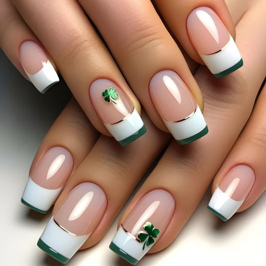 Lucky Charm Inspired Medium Square White and Green Nail Set with Elegant Gold Trim and Shamrock Accent