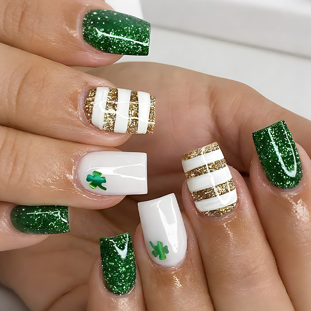 Lucky Charm Glamour Medium Square Green Sparkle with Gold Accents Nail Set