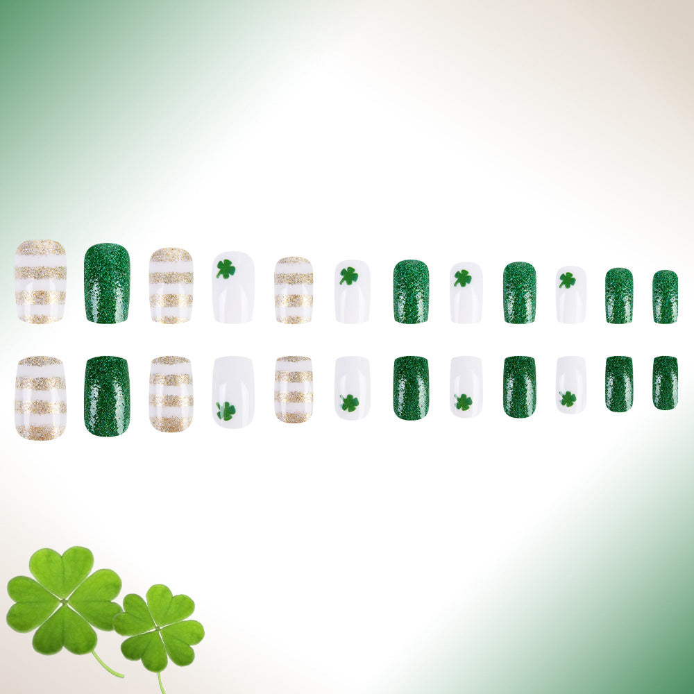Lucky Charm Emerald Short Square Glittering Press On Nail Set with Clovers and Gold Stripes
