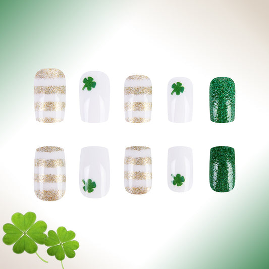 Lucky Charm Medium Square White and Green Glittering Press-On Nail Set with Shamrock Accents