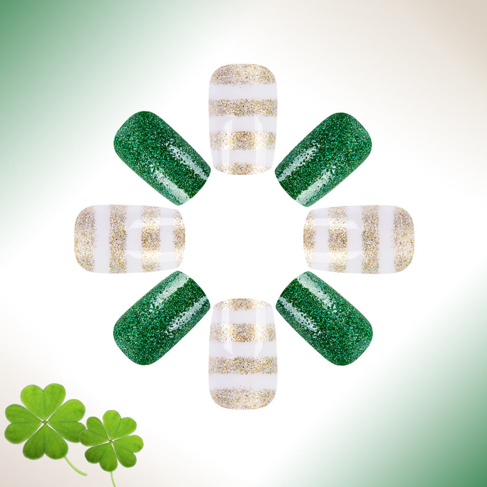 Luck of the Irish Vibrant Short Square Green and White Glitter Press On Nail Set with Striking Gold Accents