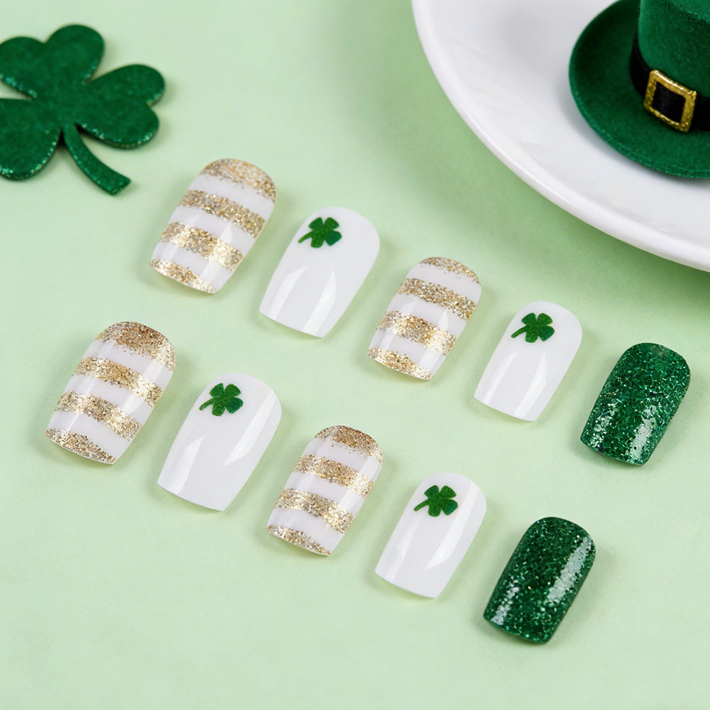 Lucky Charm St Patrick's Day Press On Nail Set Medium Square White and Gold Glitter with Green Shamrock Accents