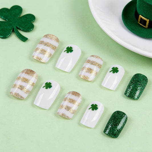 Lucky Charm St Patrick's Day Press On Nail Set Medium Square White and Gold Glitter with Green Shamrock Accents