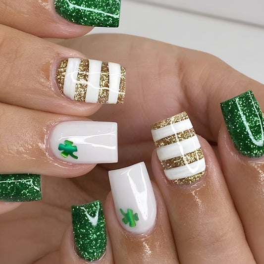 Lucky Clover Glam Press On Nail Set in Medium Square Green Glitter White and Gold Stripes with Festive Shamrock Design