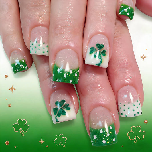 Lucky Charm Medium Square Green Press On Nail Set with Shamrock Accents and Glitter Details
