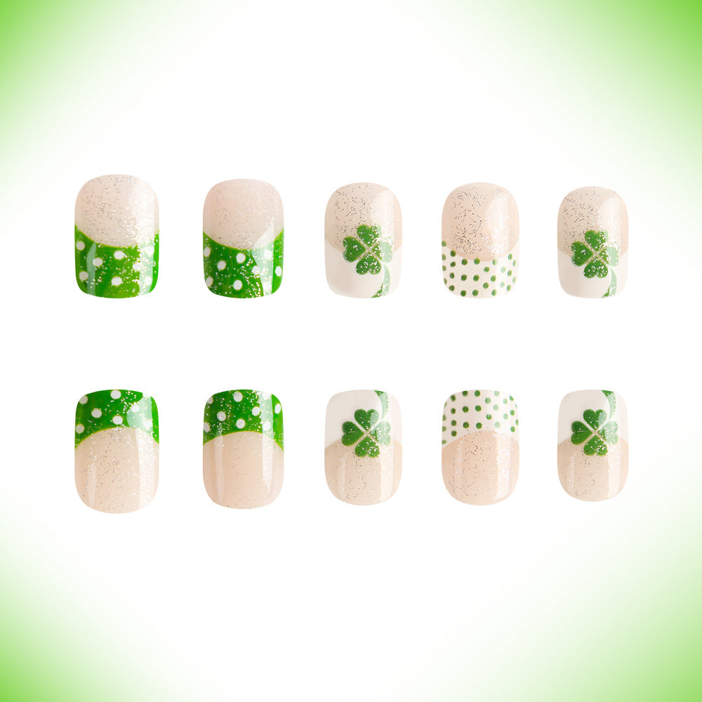 Lucky Charm Green Short Square Press-On Nail Set with Polka Dots and Shamrock Designs