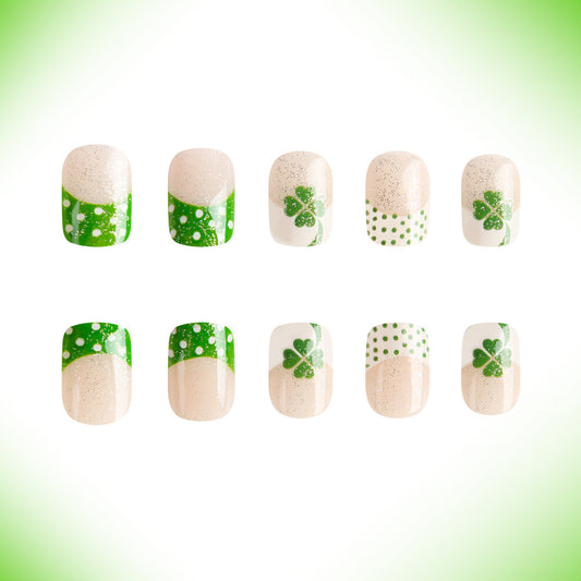 Lucky Charm Green Short Square Press-On Nail Set with Polka Dots and Shamrock Designs