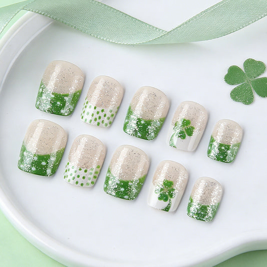 Lucky Charm Green Short Square Press On Nail Set with Sparkling Glitter and Shamrock Design