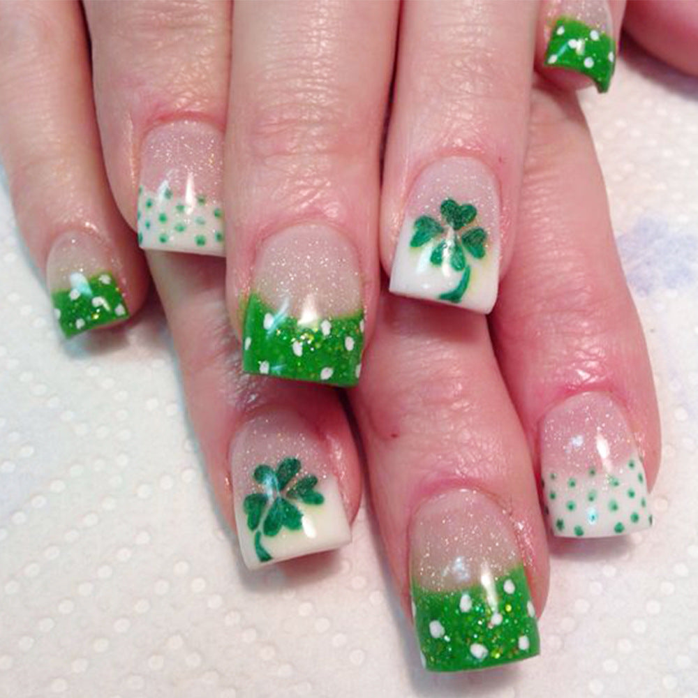 St. Patrick's Day Inspired Short Square Green and White Press On Nail Set with Glitter and Shamrock Designs