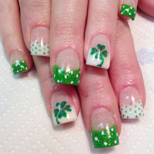 St. Patrick's Day Inspired Short Square Green and White Press On Nail Set with Glitter and Shamrock Designs