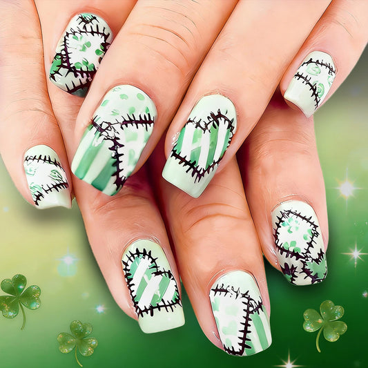 Lucky Charm Green Medium Square Press On Nail Set Featuring Unique Stitched Heart Design