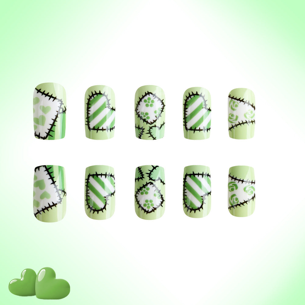 Whimsical Meadow Medium Square Green Nail Set with Unique Stitched Patterns