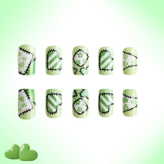 Whimsical Meadow Medium Square Green Nail Set with Unique Stitched Patterns