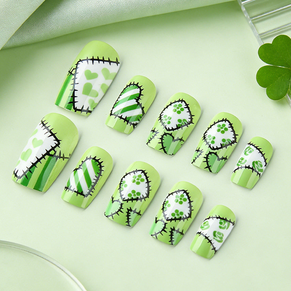Whimsical Garden Delight Medium Square Green Nail Set with Unique Patchwork Design