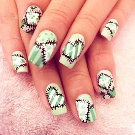 Whimsical Stitched Green Medium Square Press-On Nail Set with Unique Patchwork Design