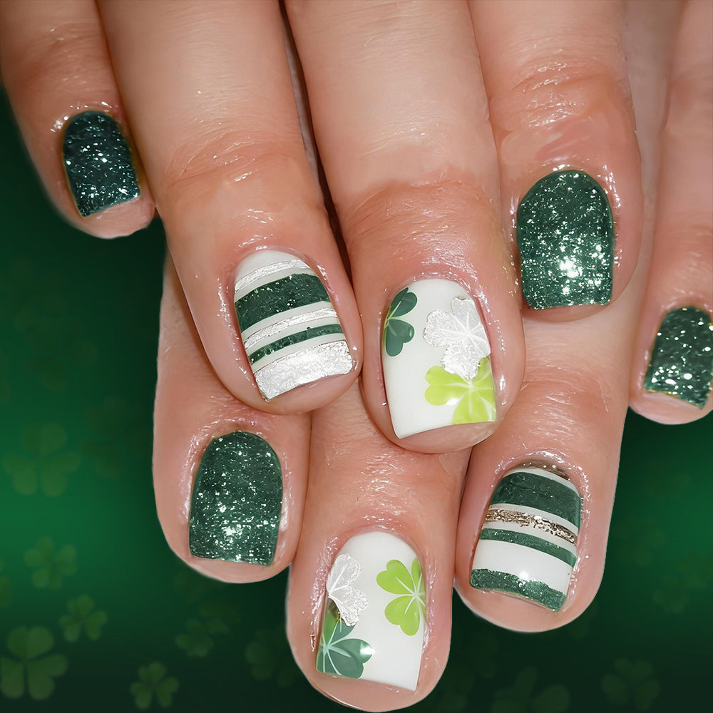 Lucky Clover Inspired Medium Square Emerald Green Glitter Press On Nail Set with Charming Floral Accents