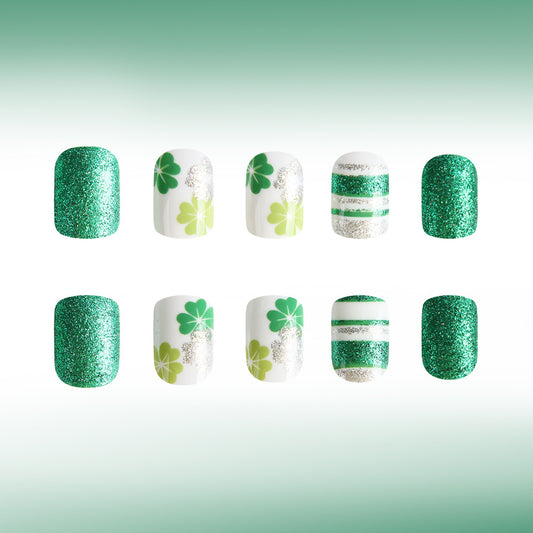 Lucky Clover Glamour Press-On Nail Set in Short Square Green with Glitter and Shamrock Designs