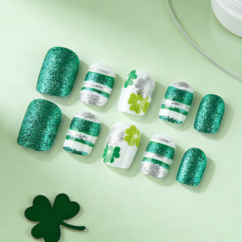 Emerald Enchantment Short Square Glittery Green and White Shamrock Nail Press Set