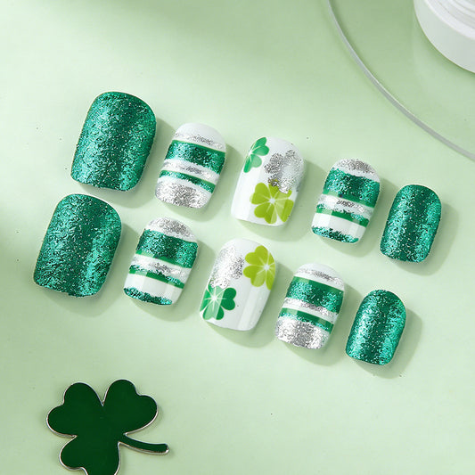 Emerald Enchantment Short Square Glittery Green and White Shamrock Nail Press Set