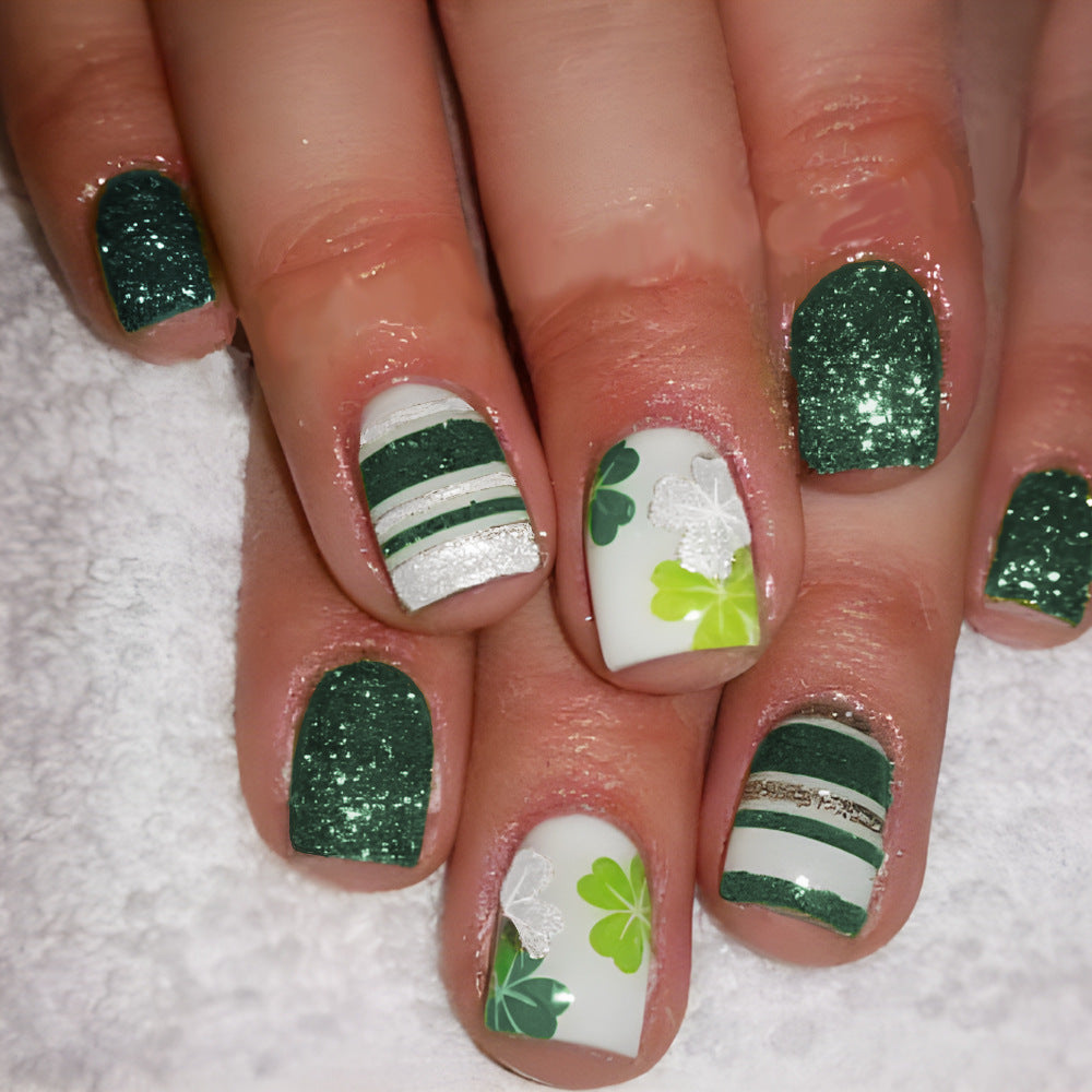 Charming Emerald Dream Short Square Green Shimmering Glitter with Floral Accents Press-On Nail Set