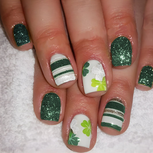 Charming Emerald Dream Short Square Green Shimmering Glitter with Floral Accents Press-On Nail Set