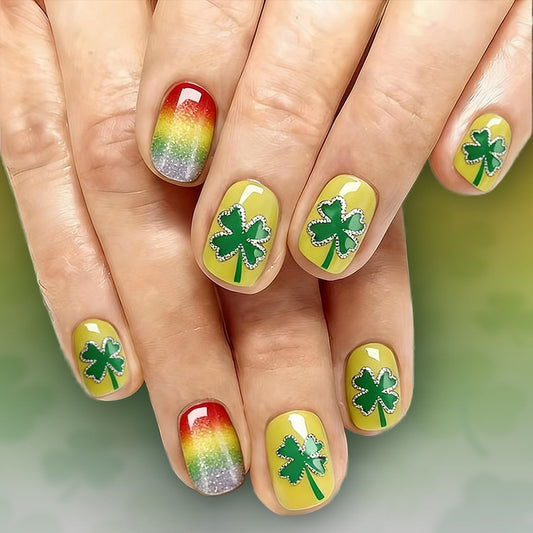 Lucky Charm Inspired Short Square Green Yellow Gradient Glitter Nail Set