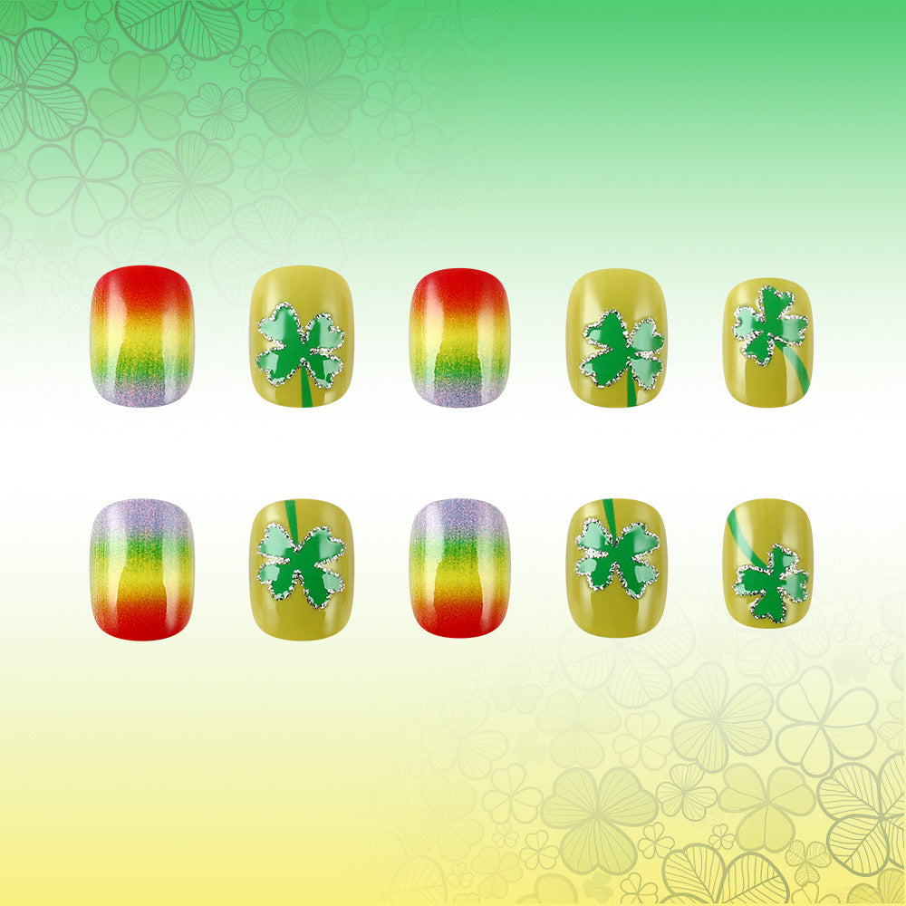 Lucky Charm Rainbow Short Square Yellow Press On Nail Set with Glittery Shamrock Accent