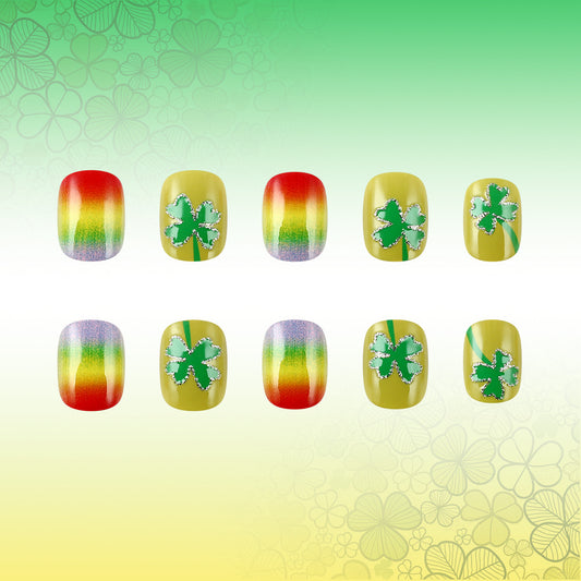 Lucky Charm Rainbow Short Square Yellow Press On Nail Set with Glittery Shamrock Accent