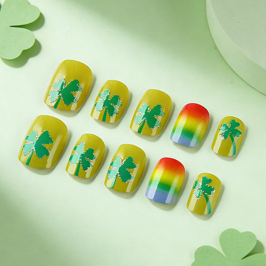 Lucky Charm Radiance Short Square Green Ombre Gradient and Shamrock Design Press-On Nail Set