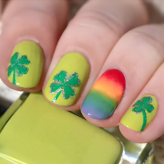 Lively Clover Charm Press On Nail Set Short Squoval Bright Green with Rainbow Gradient and Glittered Accents