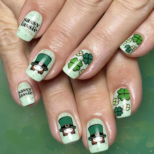 Lucky Charm Emerald Green Medium Square Press-On Nail Set with Whimsical Leprechaun and Clover Designs