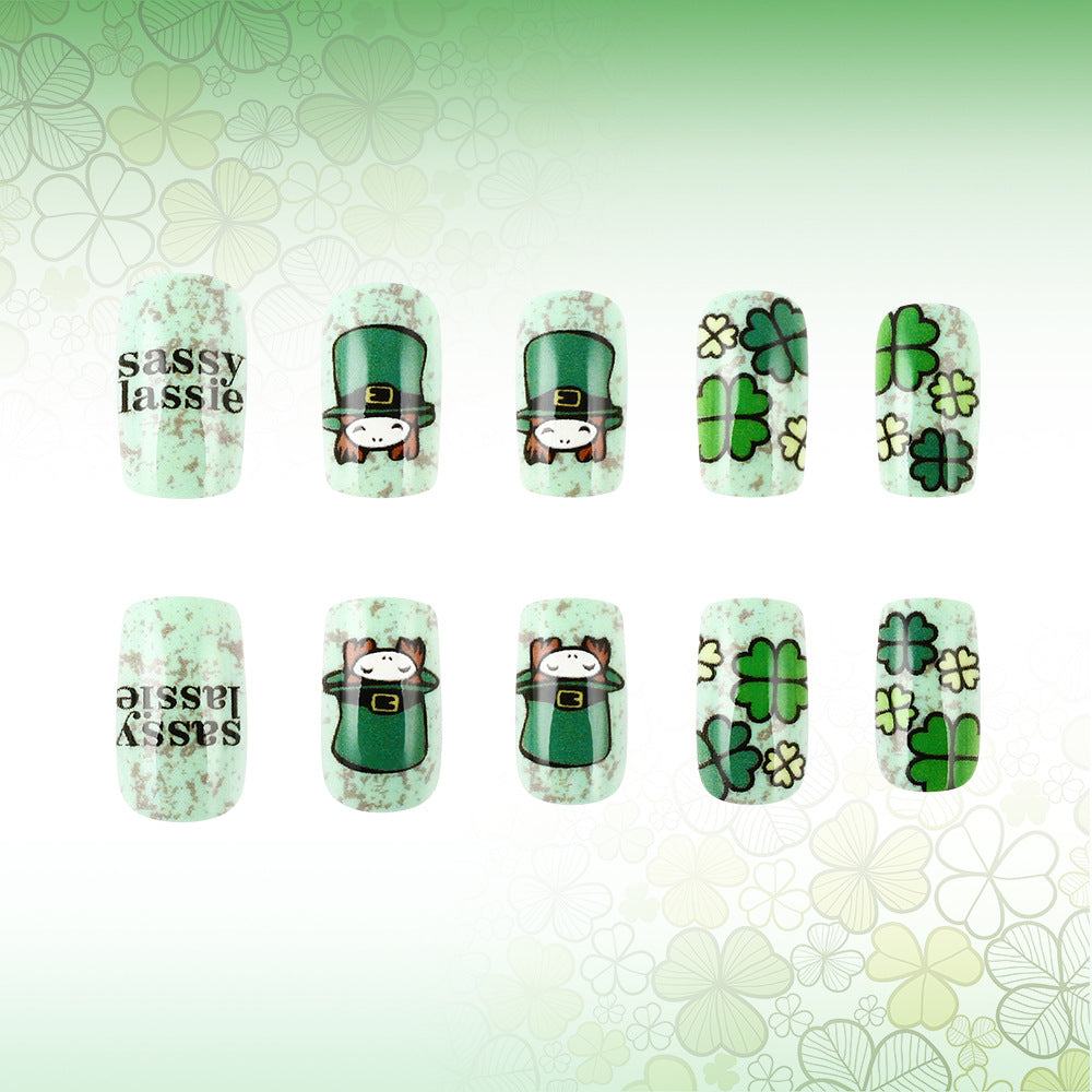 Lucky Charm Green Medium Square Press On Nail Set with Whimsical Leprechaun and Clover Designs